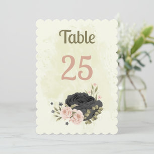 black blush pink flowers table number card
