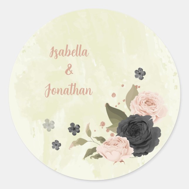 black blush pink flowers wedding classic round sticker (Front)