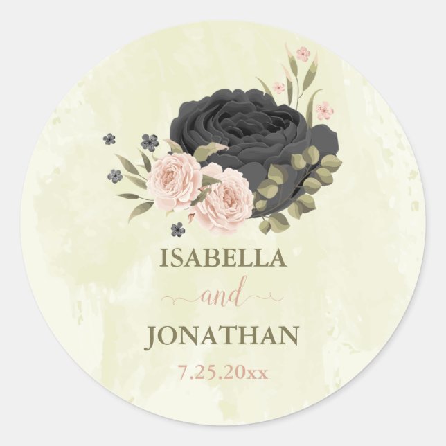 black blush pink flowers wedding classic round sticker (Front)
