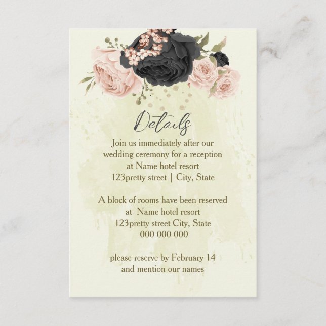 black blush pink flowers wedding details enclosure card (Front)