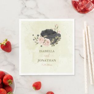 black blush pink flowers wedding napkins