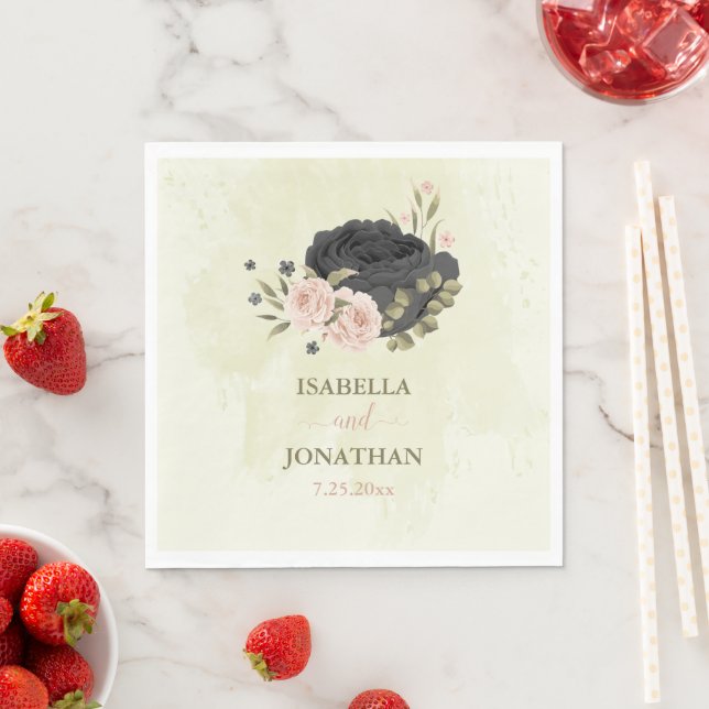 black blush pink flowers wedding napkins (Insitu)