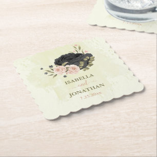 black blush pink flowers wedding paper coaster
