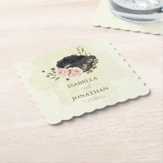 black blush pink flowers wedding paper coaster (Angled)