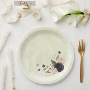 black blush pink flowers wedding paper plates