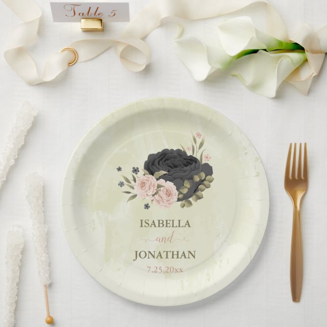 black blush pink flowers wedding paper plates (Wedding)