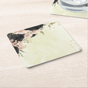 black blush pink flowers wedding square paper coaster