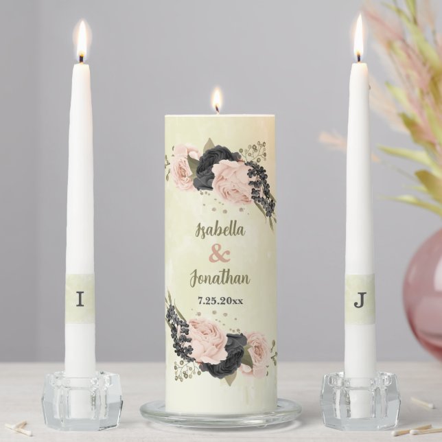 black blush pink flowers wedding unity candle set (In Situ)