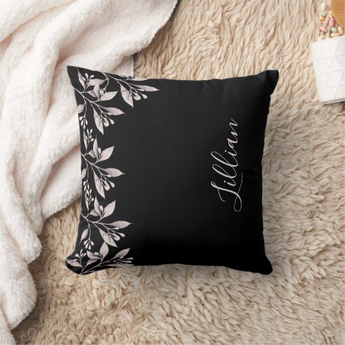 Black blush pink foliage name script throw pillow