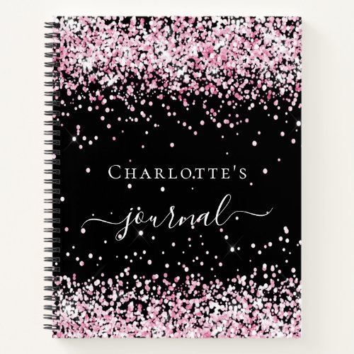 Black blush pink glitter name script journal