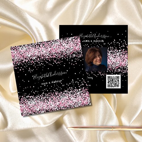 Black blush pink glitter profile photo qr code square business card
