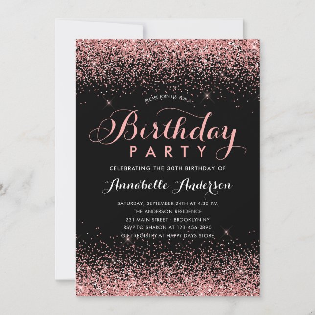 Black Blush Pink Glitter Sparkle Any Age Birthday Invitation (Front)