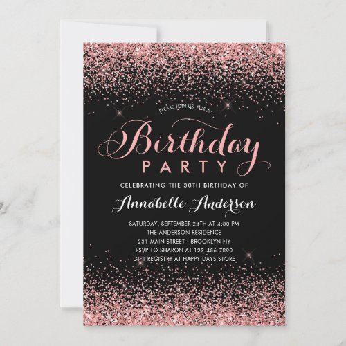 Black Blush Pink Glitter Sparkle Any Age Birthday Invitation