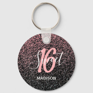 Black Blush Pink Glitter Sweet 16 Name Party Favor Keychain