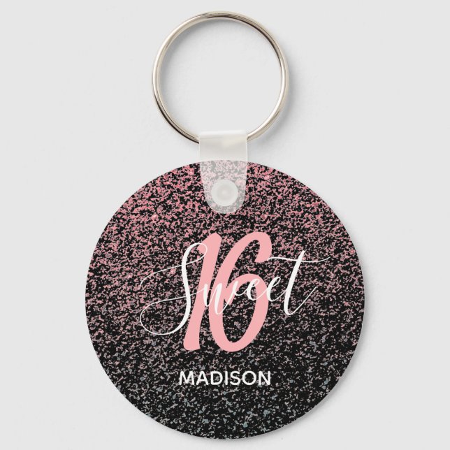 Black Blush Pink Glitter Sweet 16 Name Party Favor Keychain (Front)