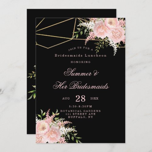 Black Blush Pink Gold Floral Bridesmaids Luncheon Invitation