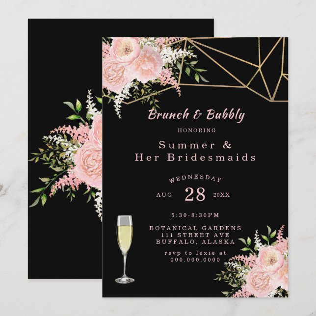 Black Blush Pink Gold Floral Brunch and Bubbly Invitation (Front/Back)