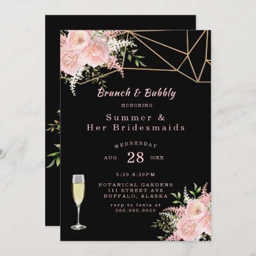 Black Blush Pink Gold Floral Brunch and Bubbly Invitation