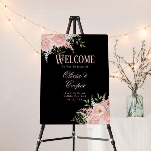 Black Blush Pink Paint Floral Wedding Welcome Sign