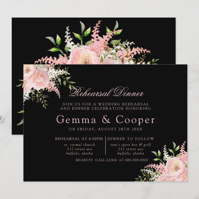 Black Blush Pink Painted Florals Rehearsal Dinner Invitation (Front/Back)