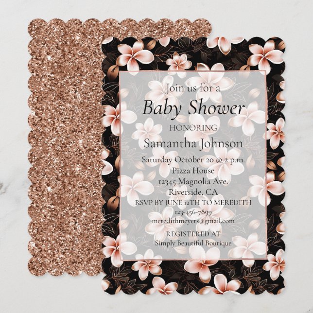 Black Blush Pink Rose Gold Floral Baby Shower Invitation (Front/Back)