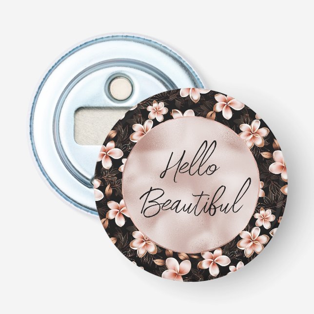 Black Blush Pink Rose Gold Floral Bottle Opener (Front)