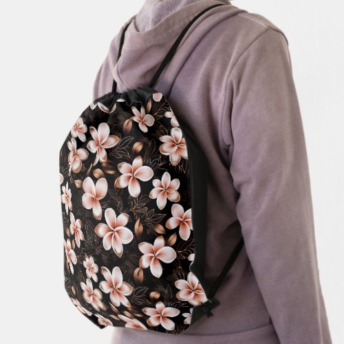 Black Blush Pink Rose Gold Floral Drawstring Bag