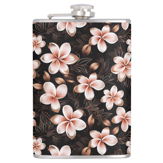 Black Blush Pink Rose Gold Floral Flask (Front)