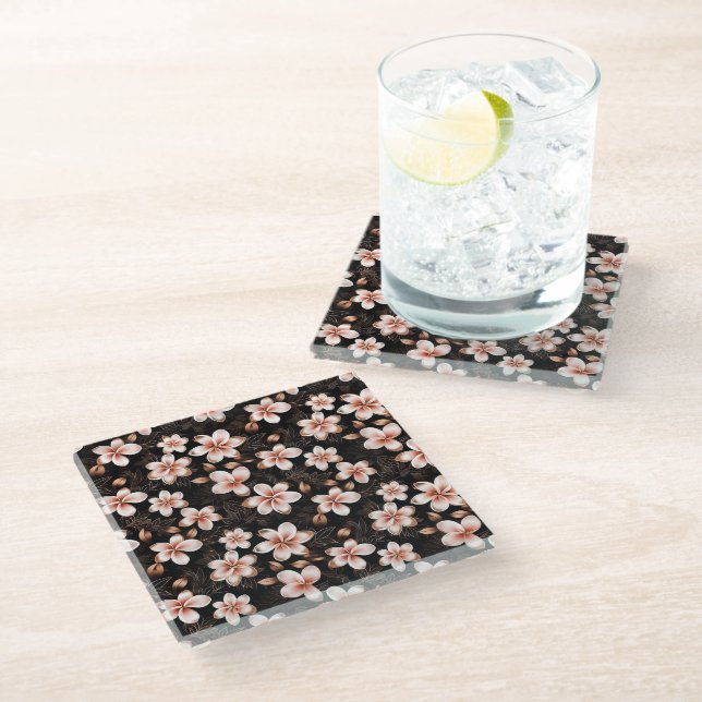 Black Blush Pink Rose Gold Floral Glass Coaster (Angled)