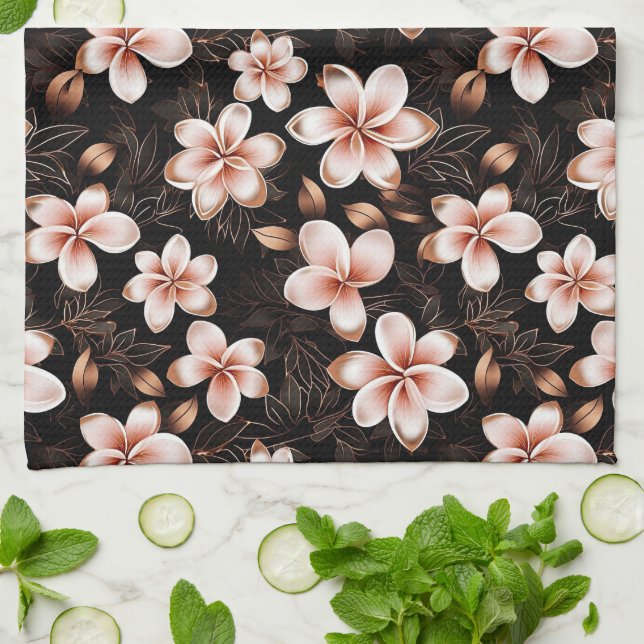Black Blush Pink Rose Gold Floral Kitchen Towel (Folded)