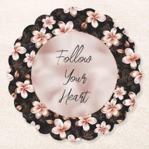 Black Blush Pink Rose Gold Floral Paper Coaster