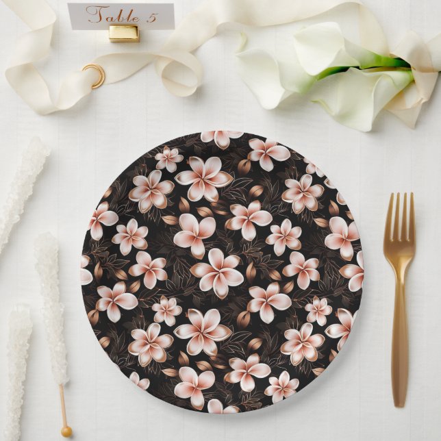 Black Blush Pink Rose Gold Floral Paper Plates (Wedding)