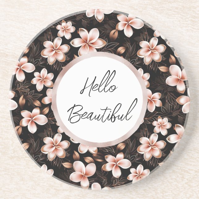 Black Blush Pink Rose Gold Floral Personalized Coaster (Front)