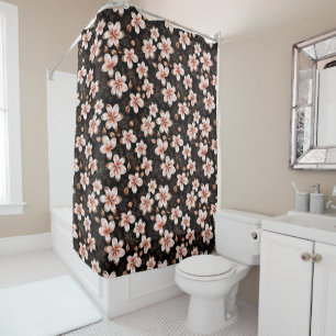Black Blush Pink Rose Gold Floral Shower Curtain
