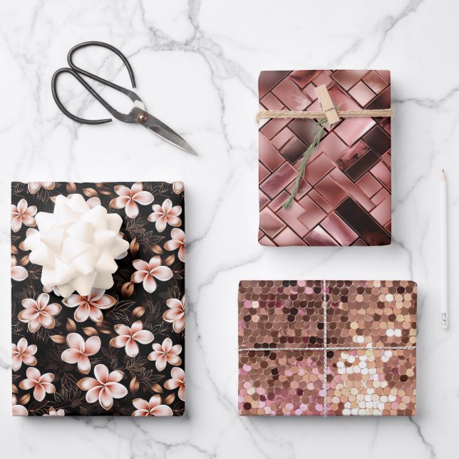Black Blush Pink Rose Gold Floral Wrapping Paper Sheets (Front)
