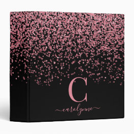 Black Blush Pink Rose Gold Glam Glitter Monogram 3 Ring Binder
