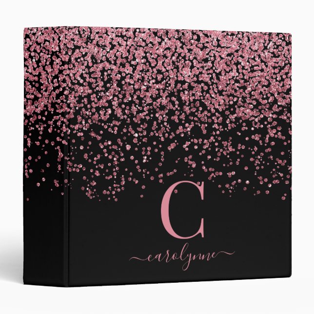 Black Blush Pink Rose Gold Glam Glitter Monogram 3 Ring Binder (Front/Spine)