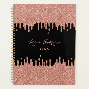 Black & Blush Pink Rose Gold Glitter Drips Planner