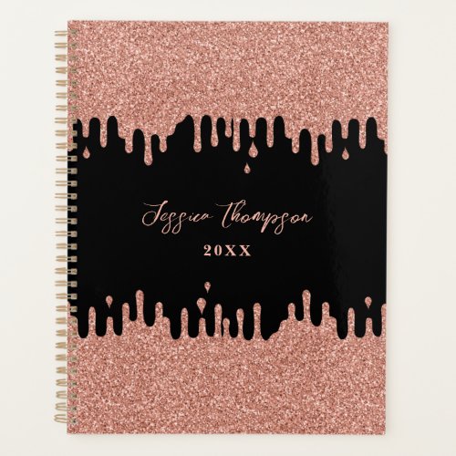 Black  Blush Pink Rose Gold Glitter Drips Planner