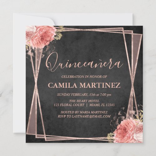 Black Blush Pink Rose Gold Quinceanera Party Invitation