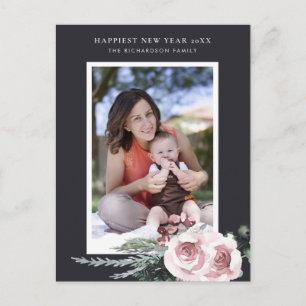 BLACK BLUSH PINK ROSE HOLLY BERRY NEW YEAR PHOTO POSTCARD