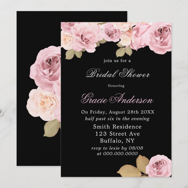 Black Blush Pink Roses Bridal Shower Invitation (Front/Back)