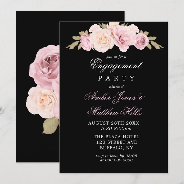 Black Blush Pink Roses Engagement Party Invitation (Front/Back)