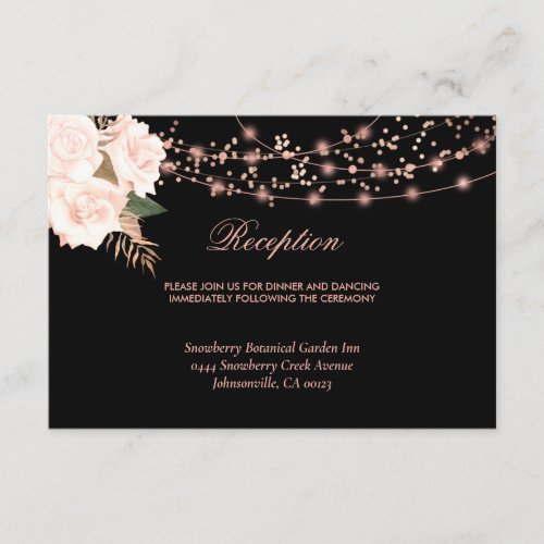 Black  Blush Rose Floral String Lights Wedding Enclosure Card