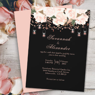 Black & Blush Rose Floral String Lights Wedding Invitation