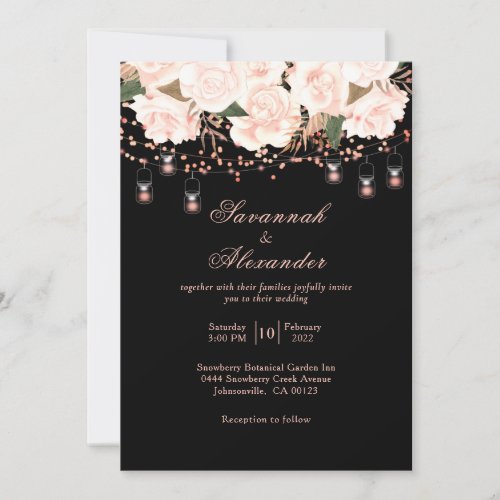 Black  Blush Rose Floral String Lights Wedding Invitation