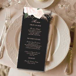  Black & Blush Rose Floral String Lights Wedding Menu
