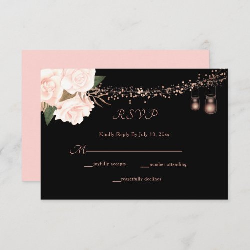 Black  Blush Rose Floral String Lights Wedding RSVP Card
