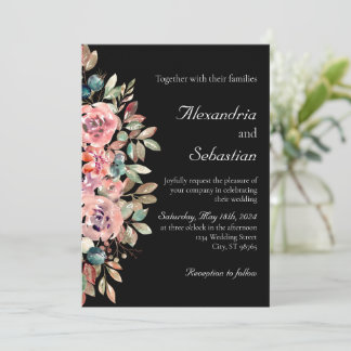 Black Blush Watercolor Floral Foliage Wedding Invitation