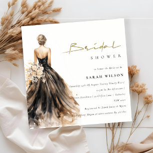 Black Blush Watercolor Wedding Gown Bridal Shower Invitation